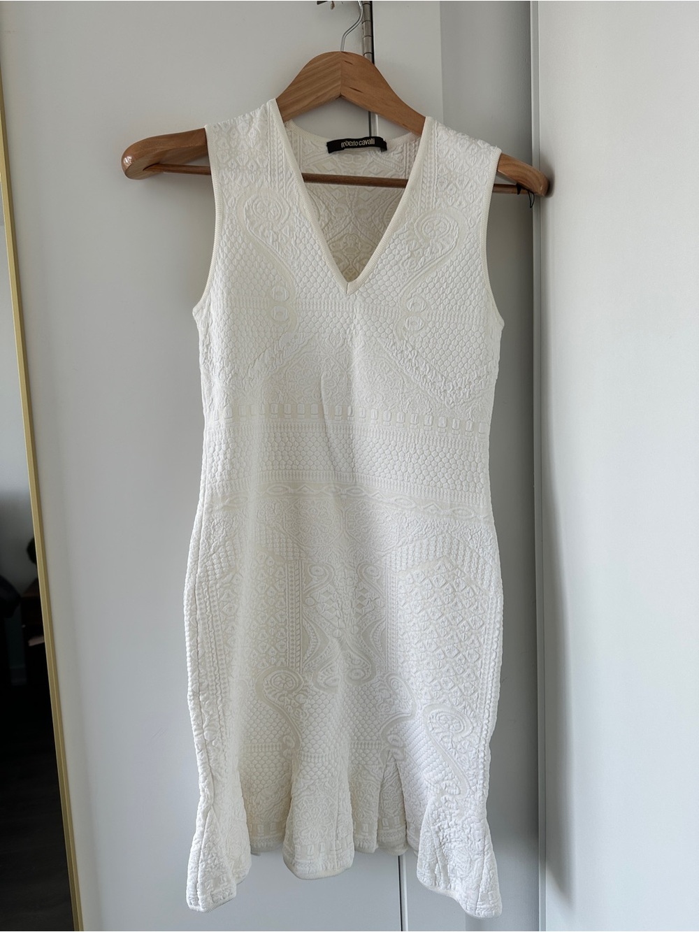 Roberto Cavalli White Textured V-Neck Midi Dress